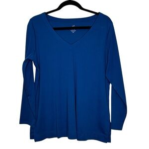 J. Jill Blue V-Neck Side Split Tunic Long Sleeve Supima Cotton T-Shirt Sz MP